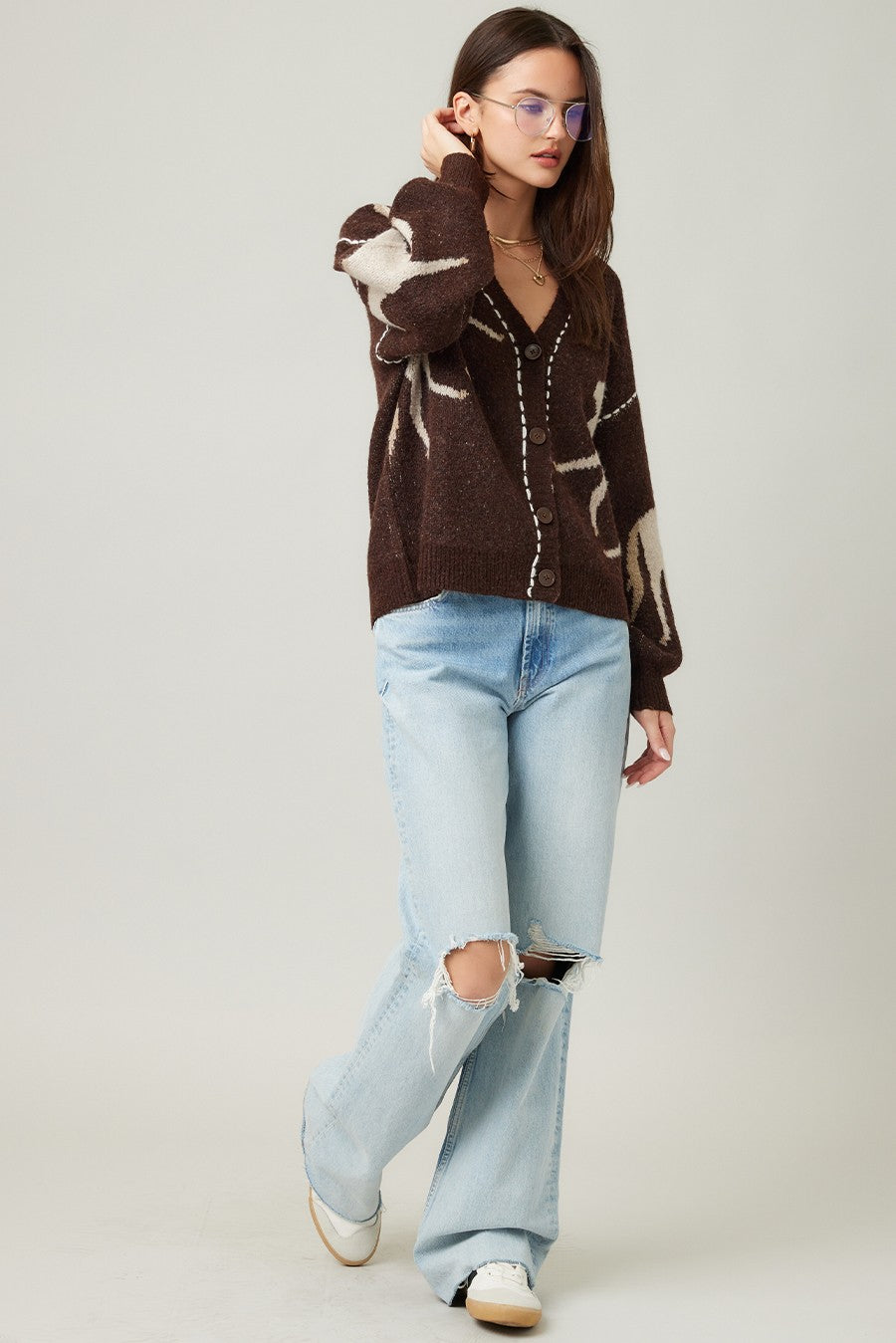  Rebekah Contrast Stitch Horse Cardigan, Brown