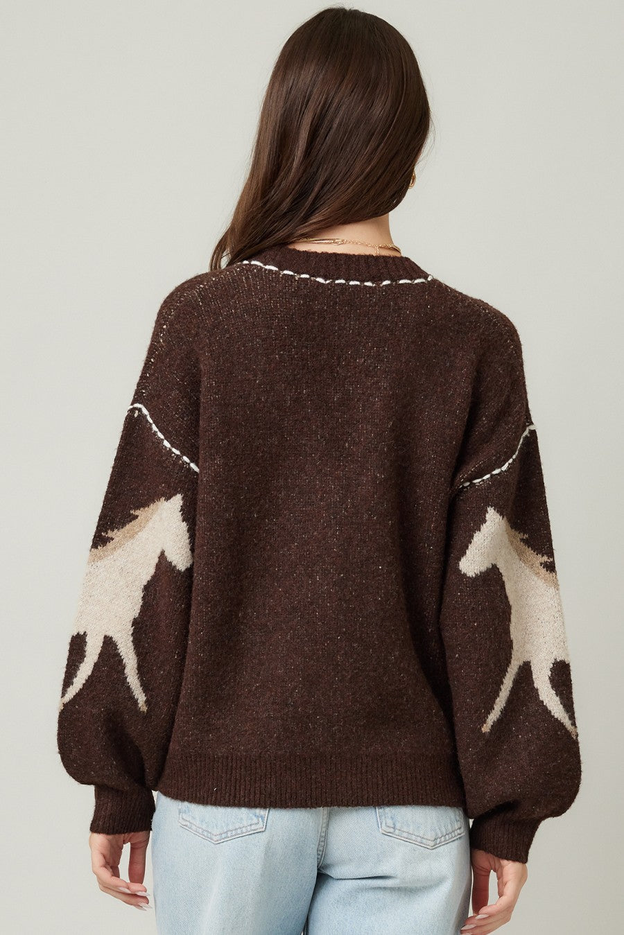  Rebekah Contrast Stitch Horse Cardigan, Brown