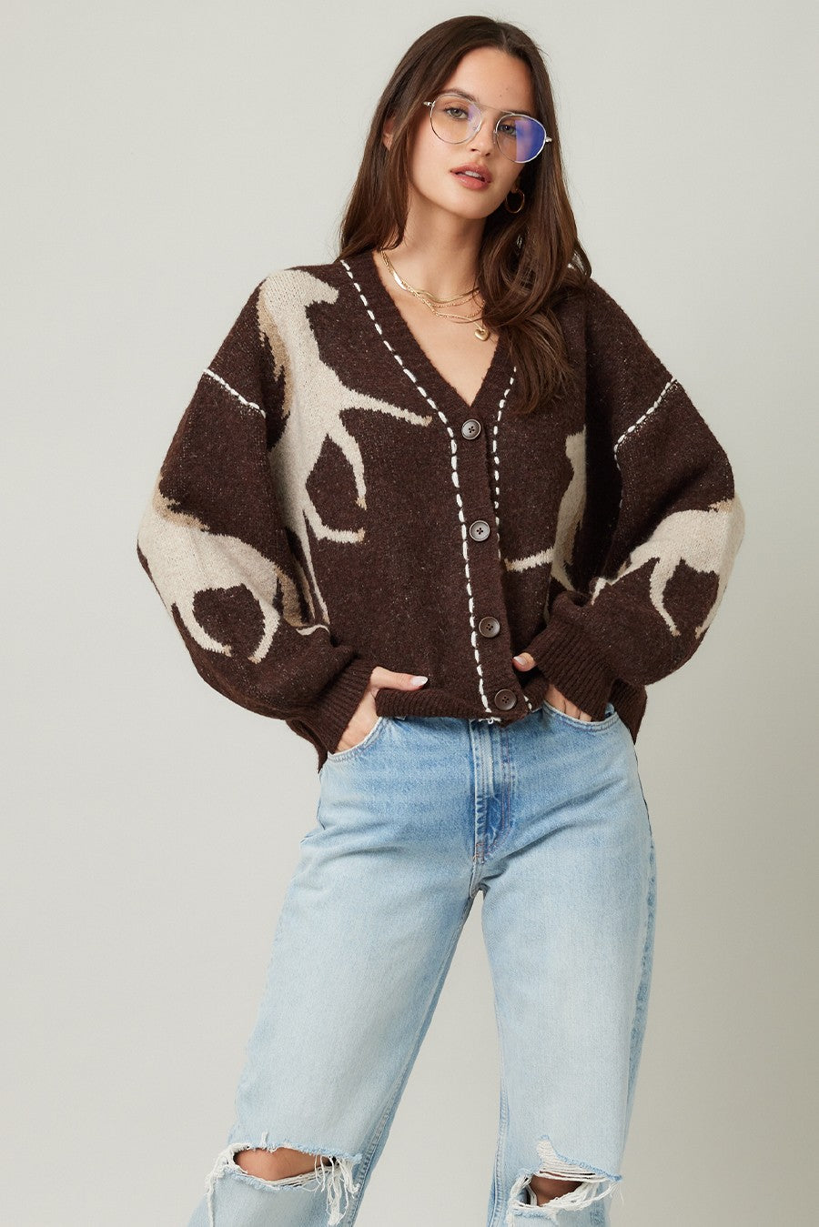  Rebekah Contrast Stitch Horse Cardigan, Brown