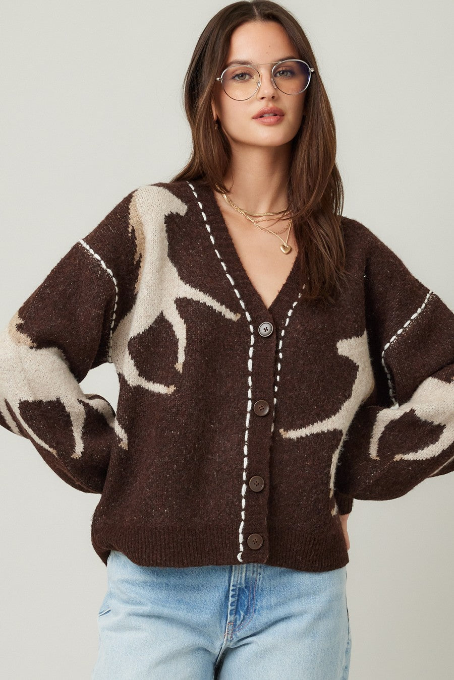  Rebekah Contrast Stitch Horse Cardigan, Brown