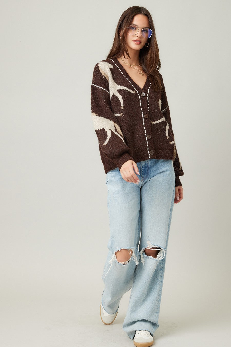  Rebekah Contrast Stitch Horse Cardigan, Brown