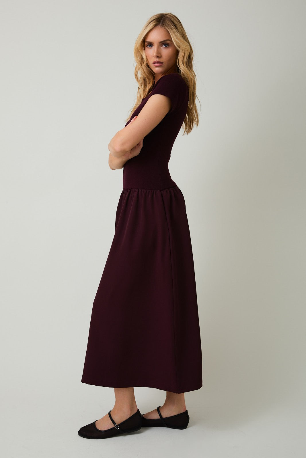  Lillian Woven Knit Mix Dress, Maroon