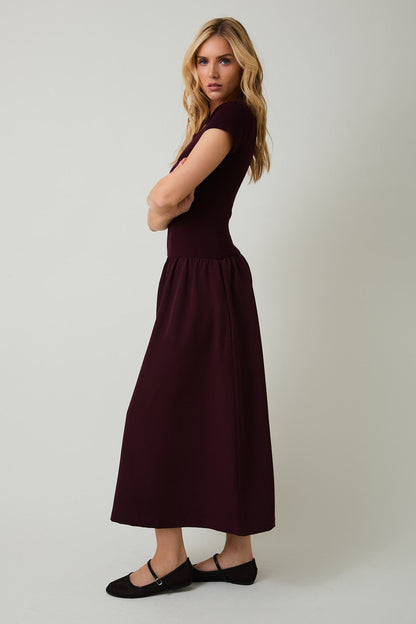  Lillian Woven Knit Mix Dress, Maroon