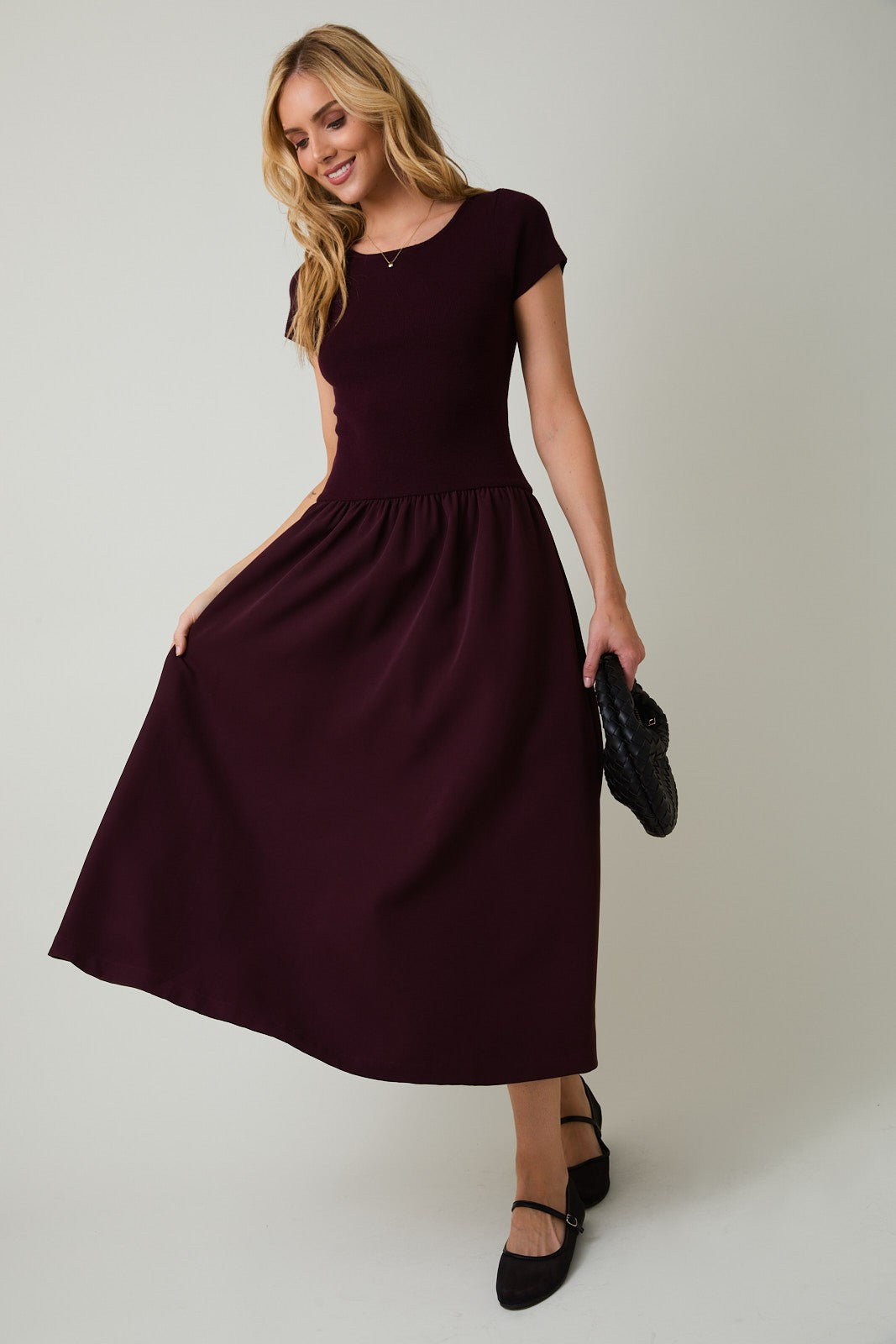  Lillian Woven Knit Mix Dress, Maroon