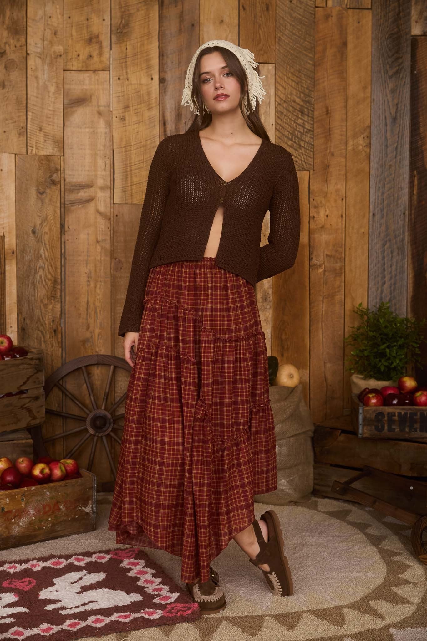  Quinn Bell Sleeve Crocheted Cardigan, Brown