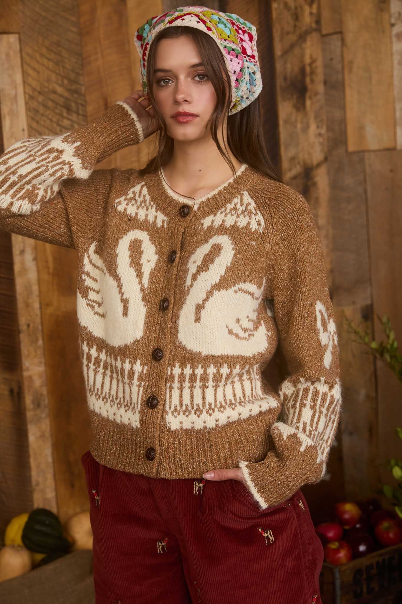  Tali Swan Jacquard Cardigan, Caramel