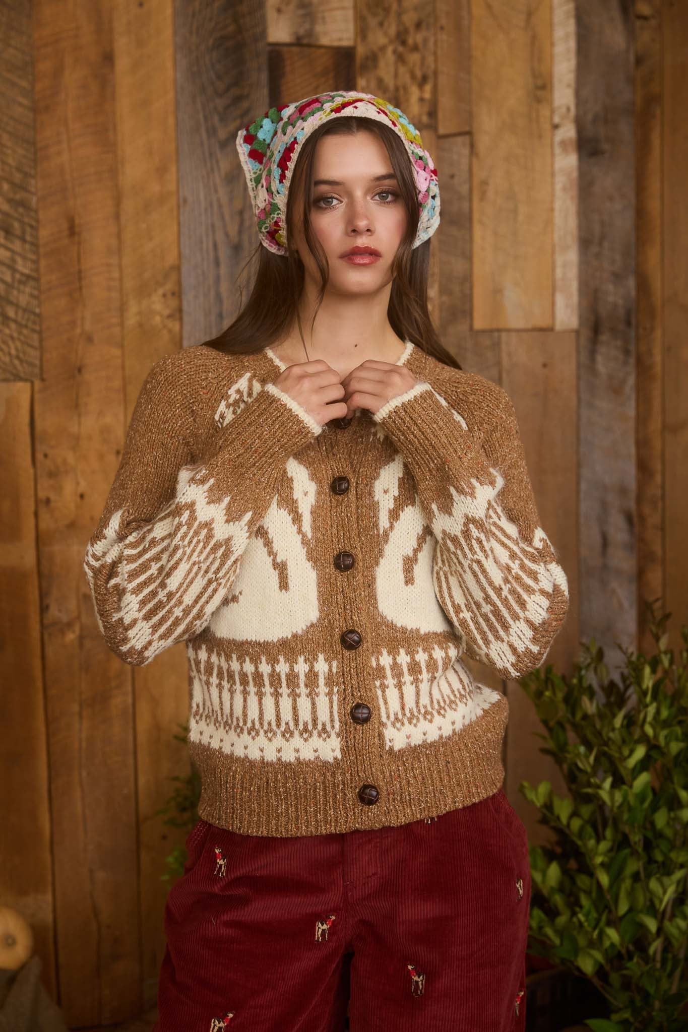  Tali Swan Jacquard Cardigan, Caramel