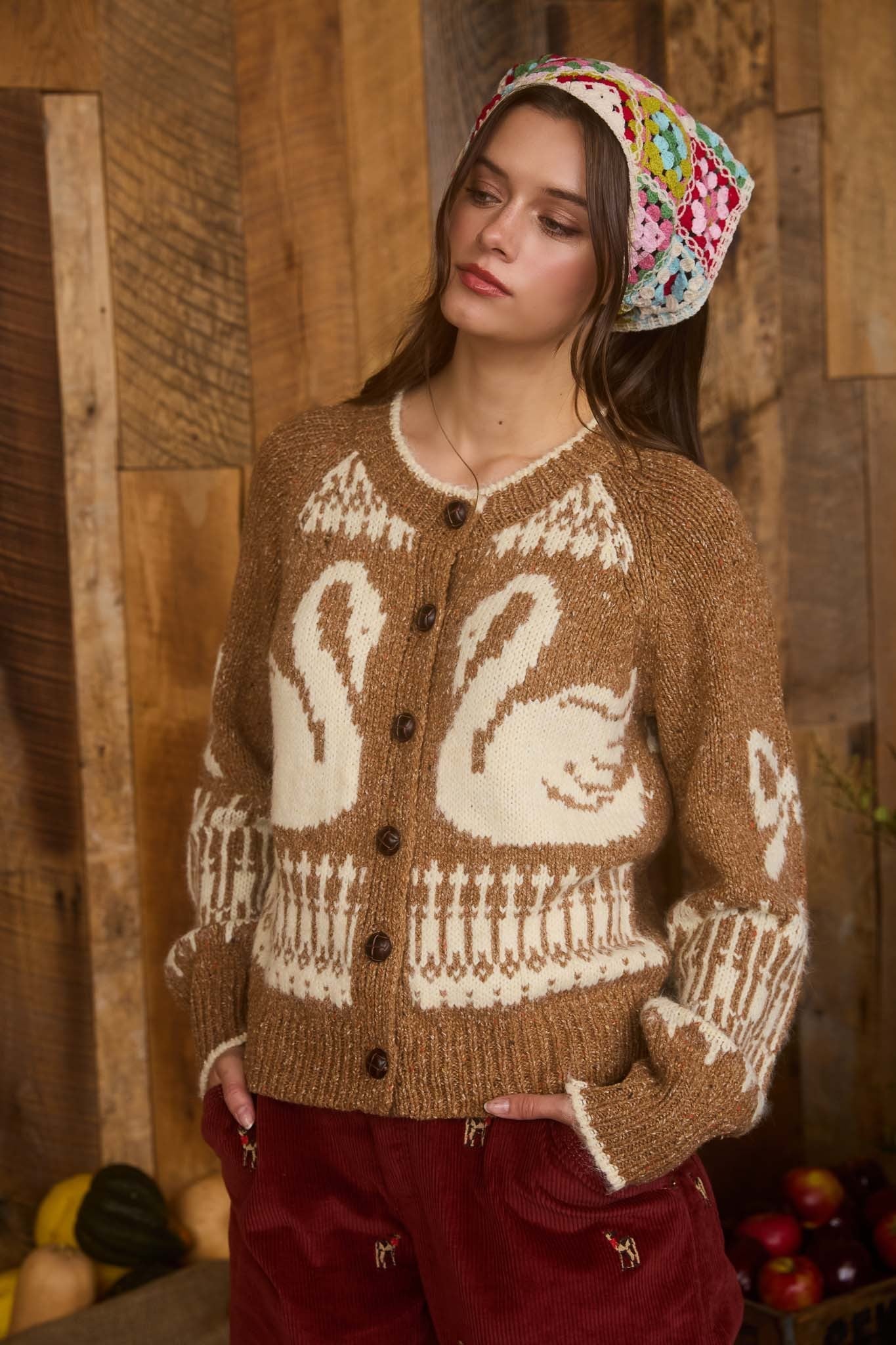  Tali Swan Jacquard Cardigan, Caramel