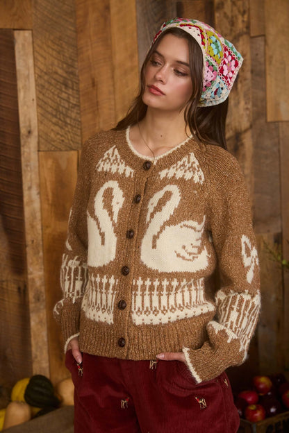  Tali Swan Jacquard Cardigan, Caramel