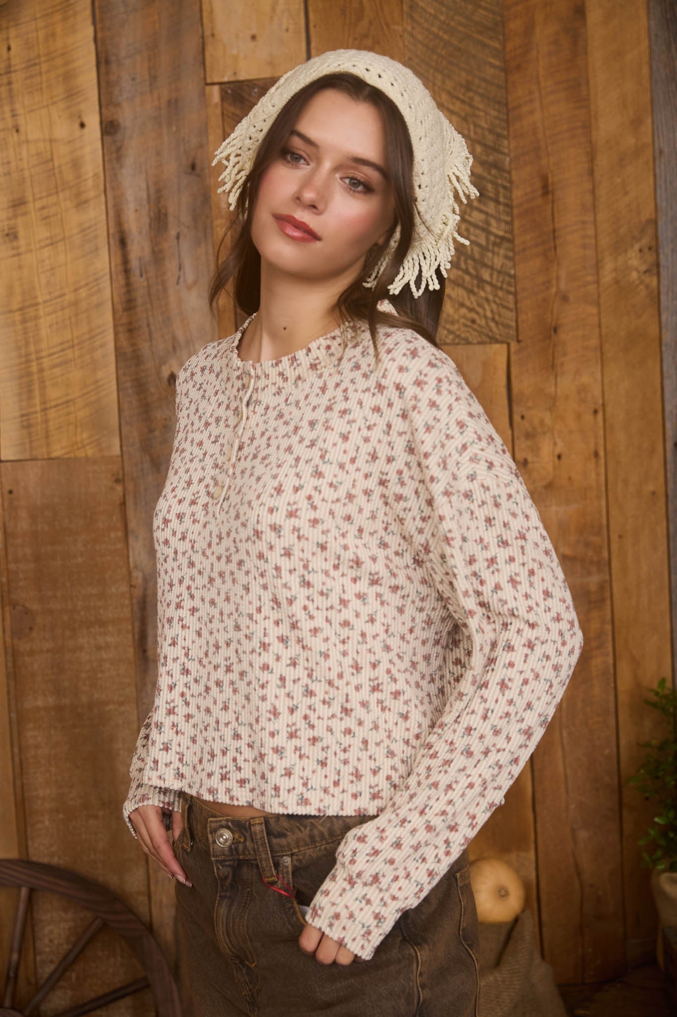  Liliana Floral Henley Rib Knit Top, Brown Multi