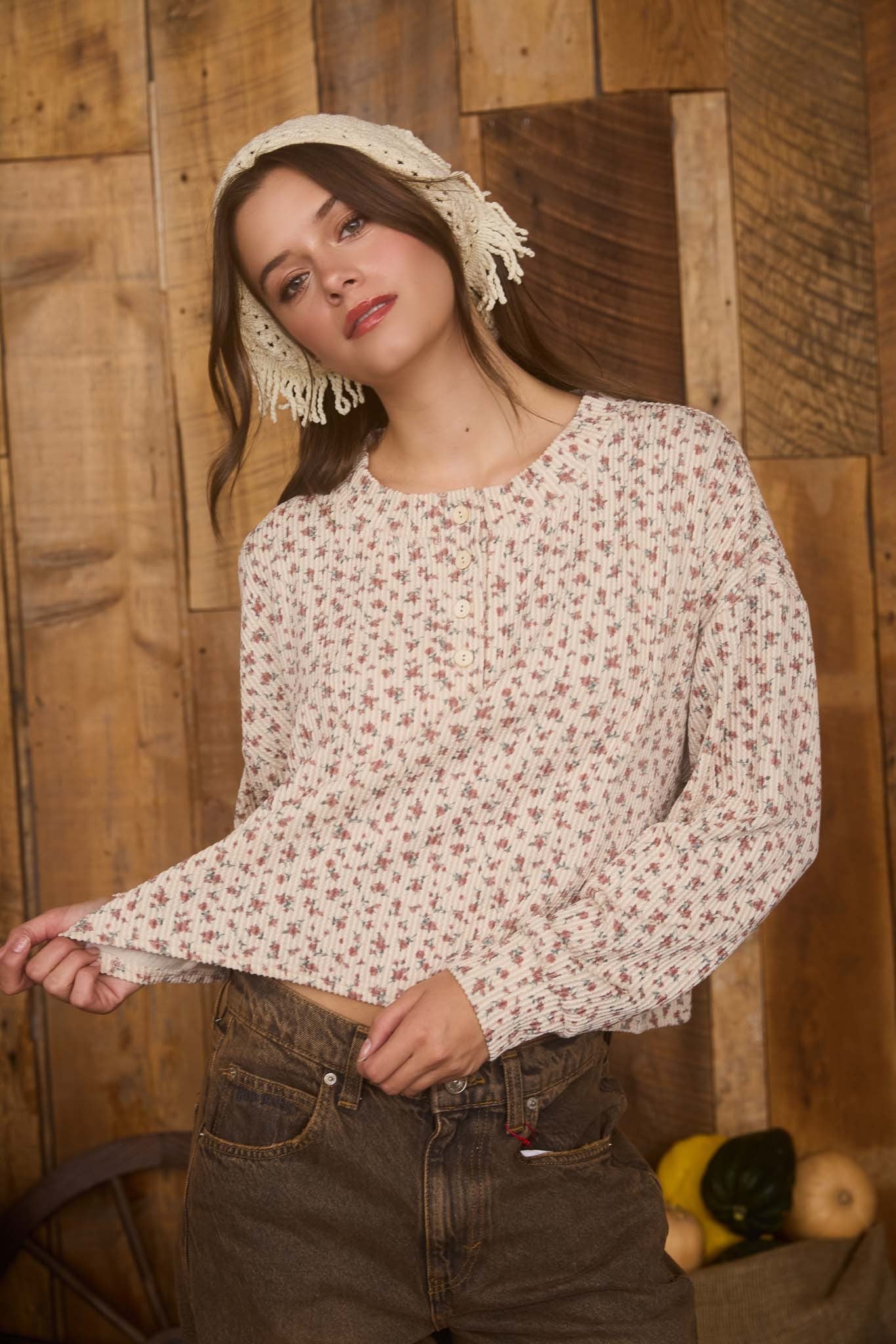  Liliana Floral Henley Rib Knit Top, Brown Multi