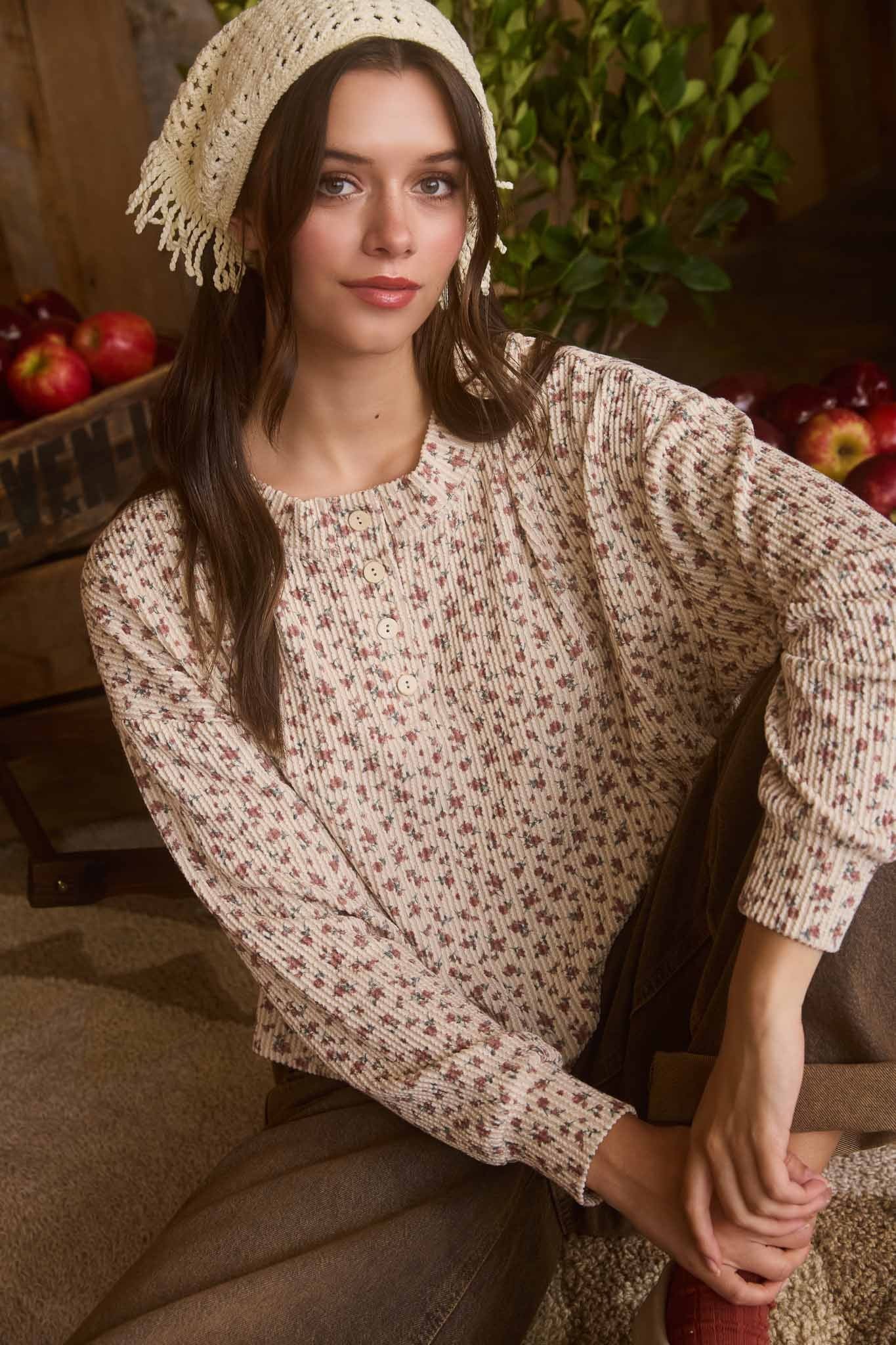  Liliana Floral Henley Rib Knit Top, Brown Multi