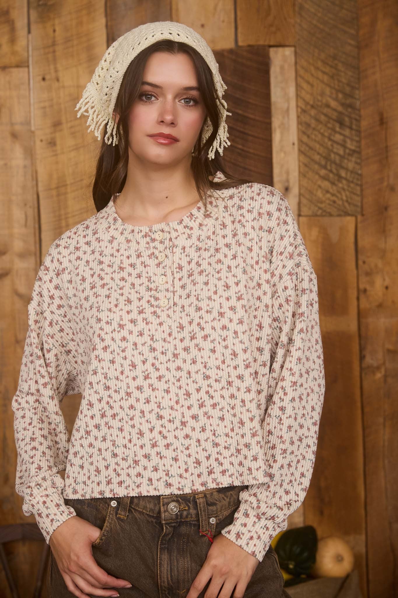  Liliana Floral Henley Rib Knit Top, Brown Multi