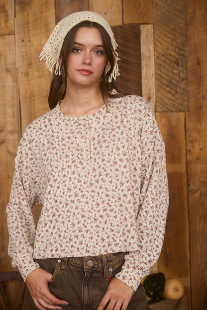  Liliana Floral Henley Rib Knit Top, Brown Multi