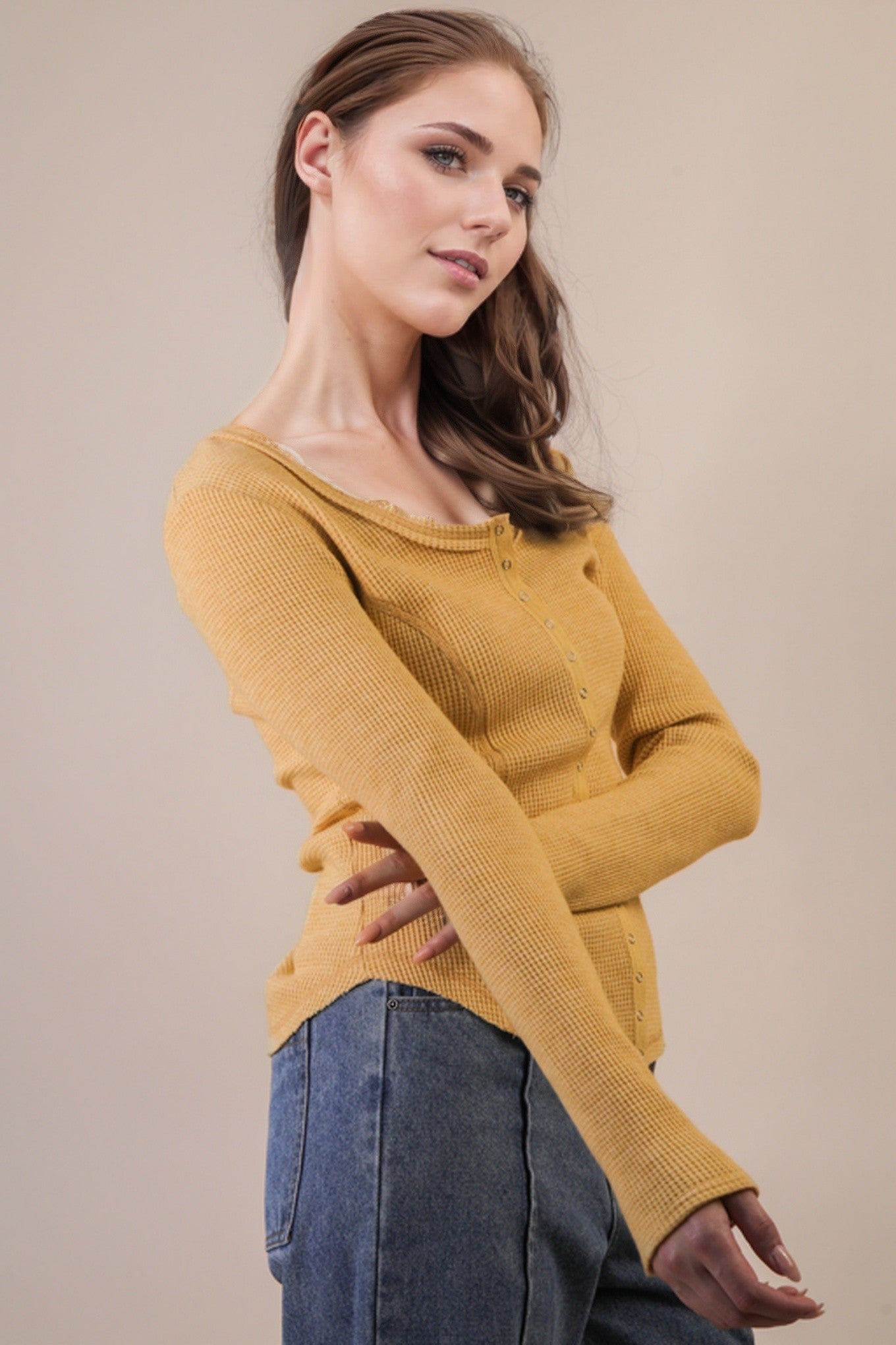  Opal Waffle Knit Snap Button Top, Yellow
