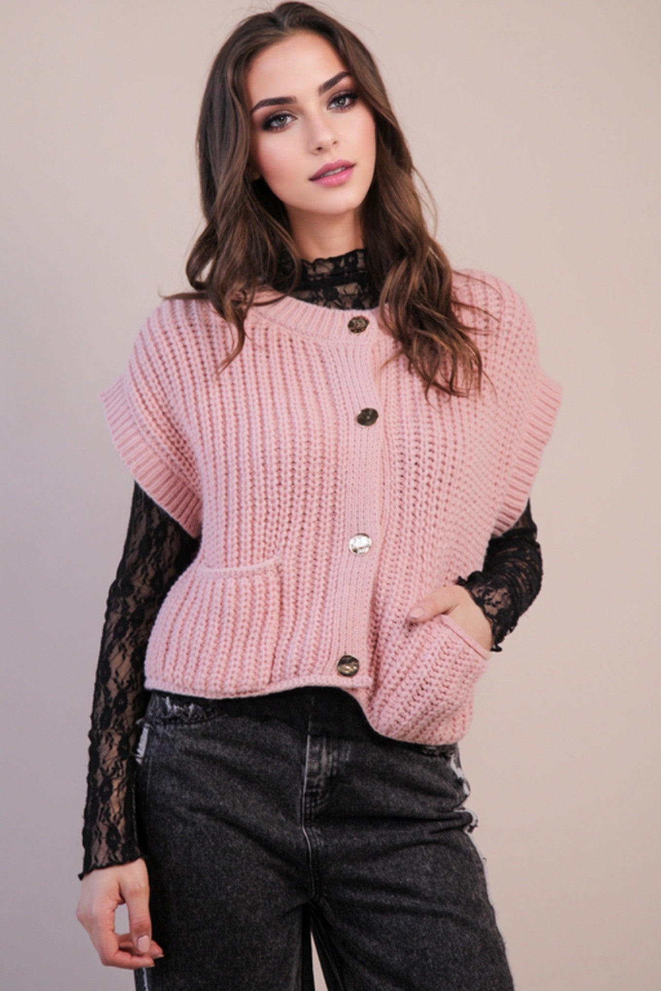  Dorothea Chunky Button Down Sweater, Blush