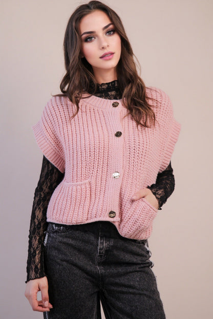  Dorothea Chunky Button Down Sweater, Blush