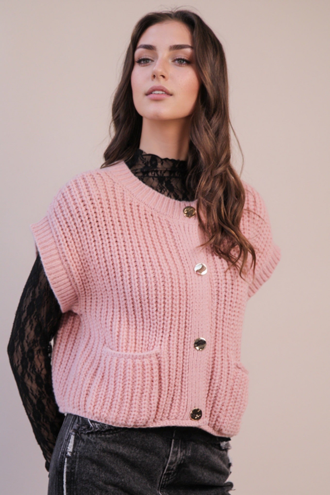  Dorothea Chunky Button Down Sweater, Blush