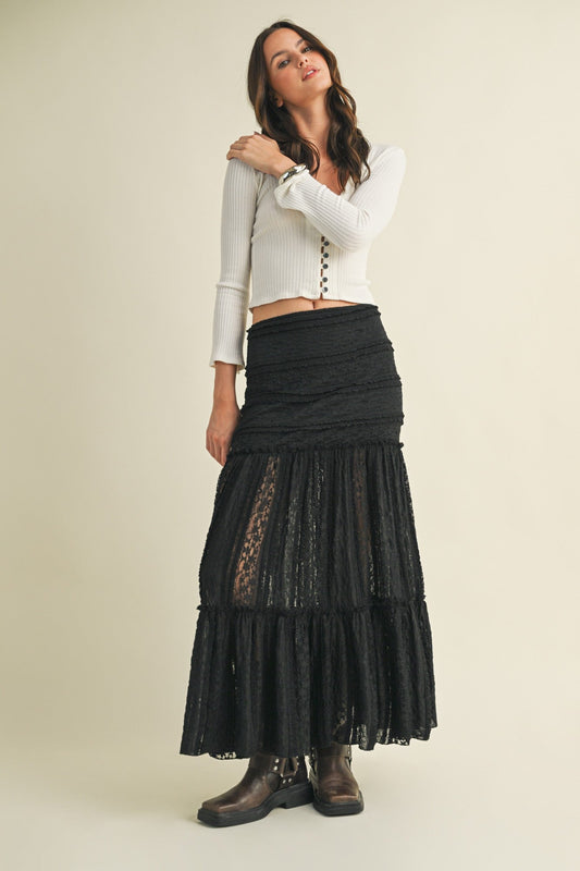  Olivia Lace Ruffle Detailed Maxi Skirt, Black