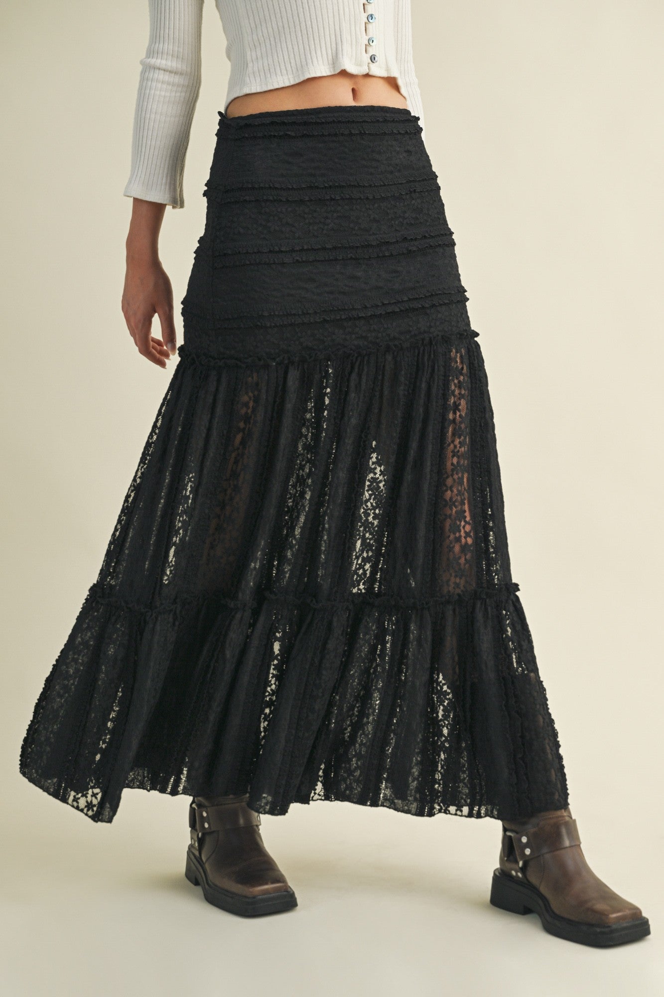  Olivia Lace Ruffle Detailed Maxi Skirt, Black