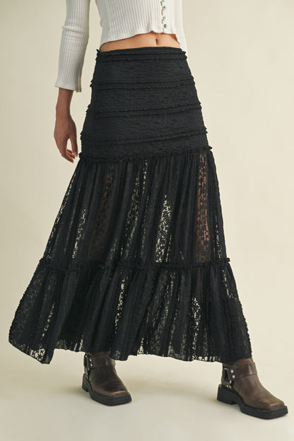  Olivia Lace Ruffle Detailed Maxi Skirt, Black
