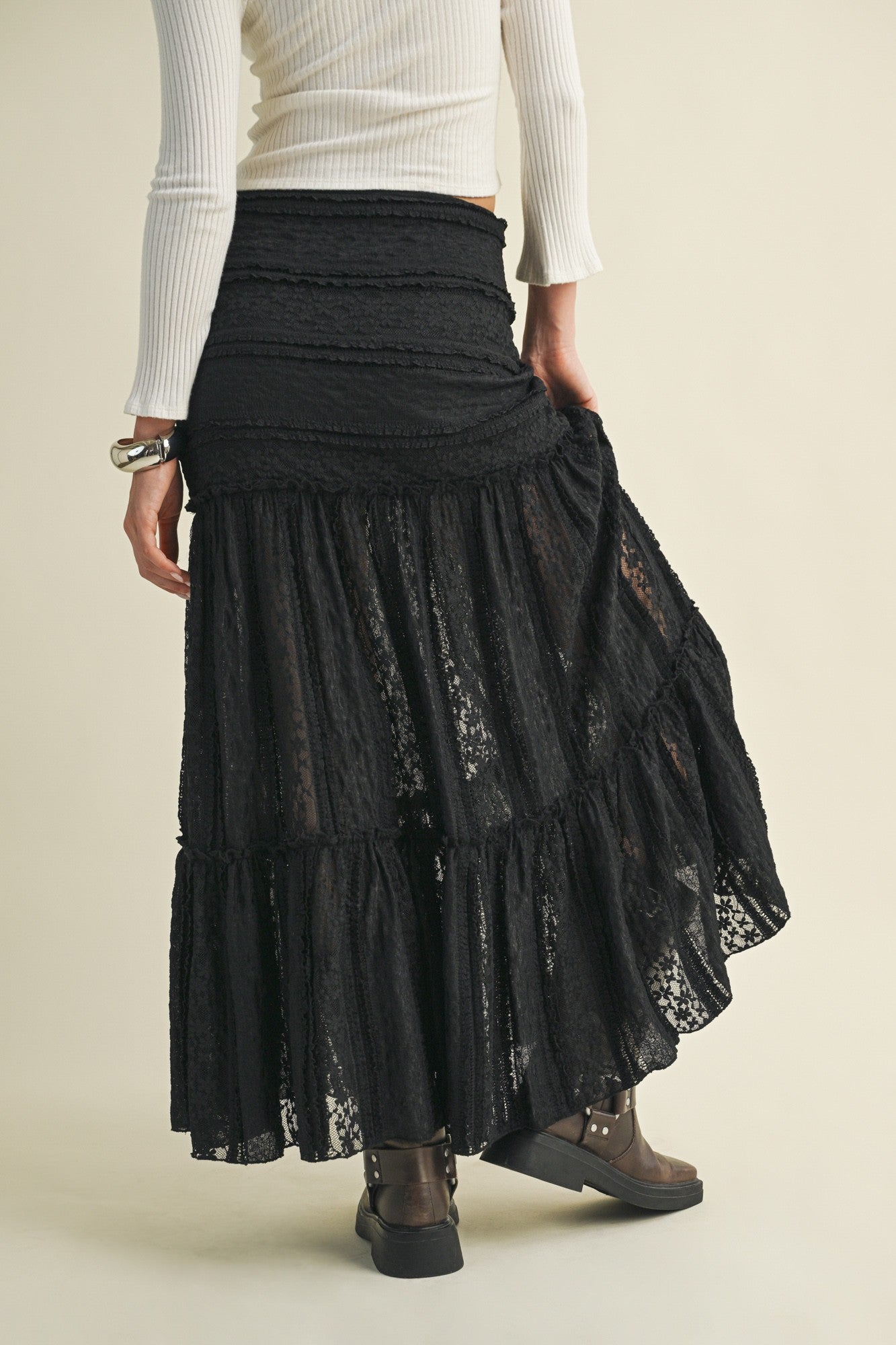  Olivia Lace Ruffle Detailed Maxi Skirt, Black