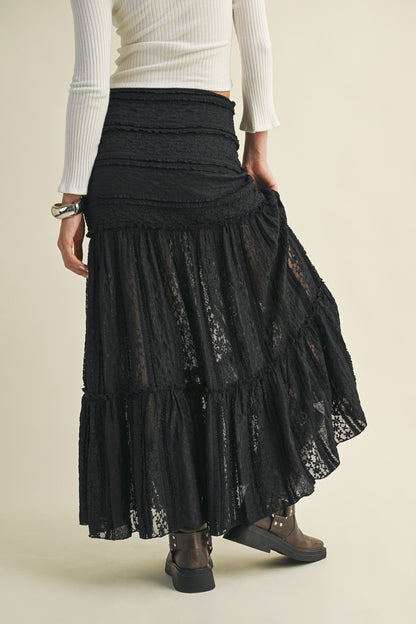  Olivia Lace Ruffle Detailed Maxi Skirt, Black