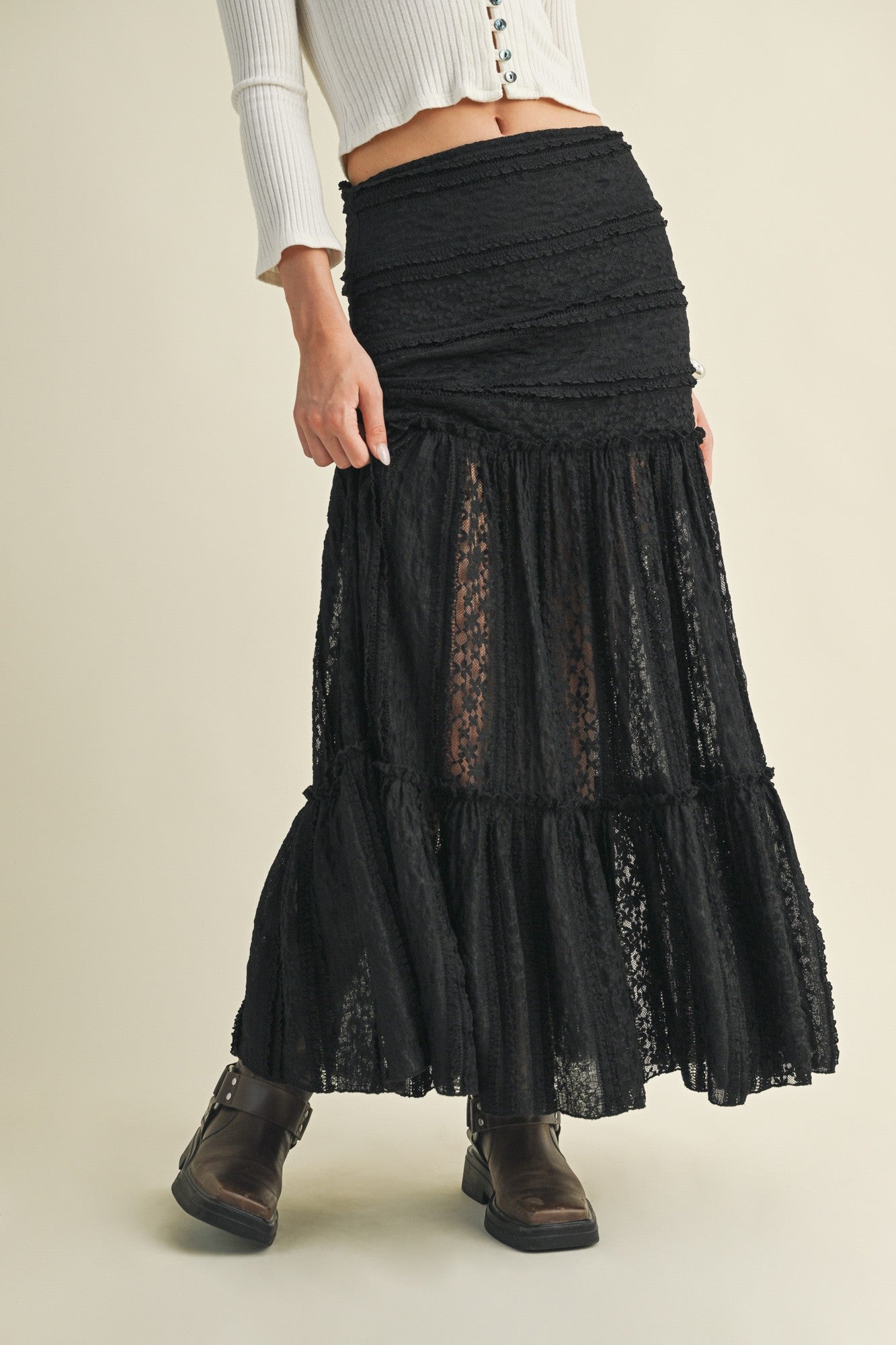  Olivia Lace Ruffle Detailed Maxi Skirt, Black