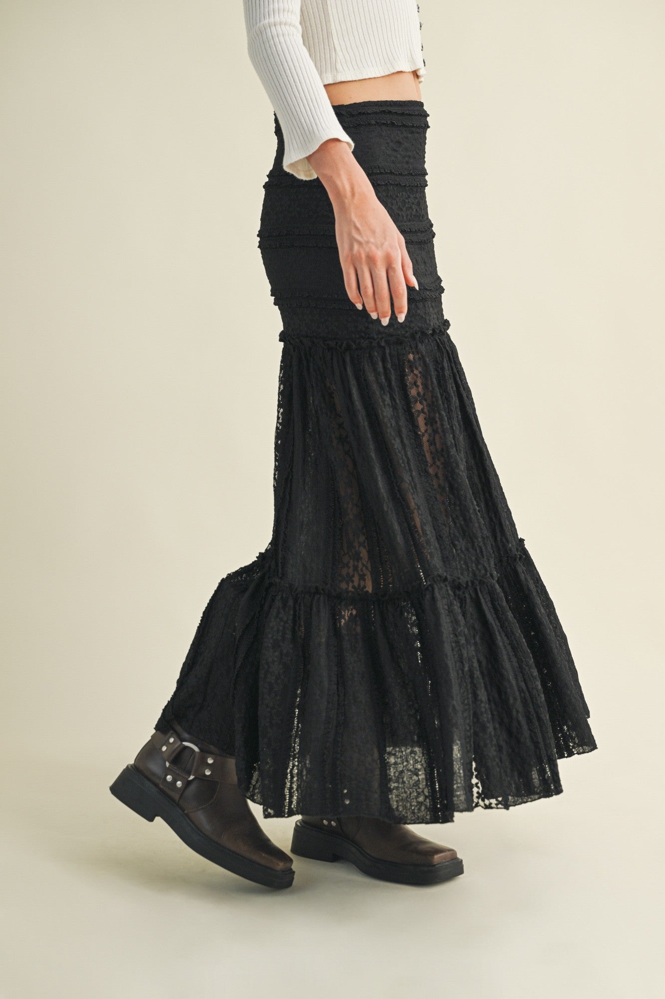  Olivia Lace Ruffle Detailed Maxi Skirt, Black