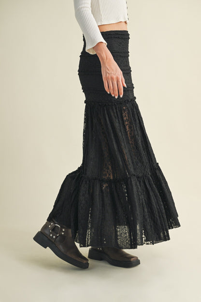  Olivia Lace Ruffle Detailed Maxi Skirt, Black