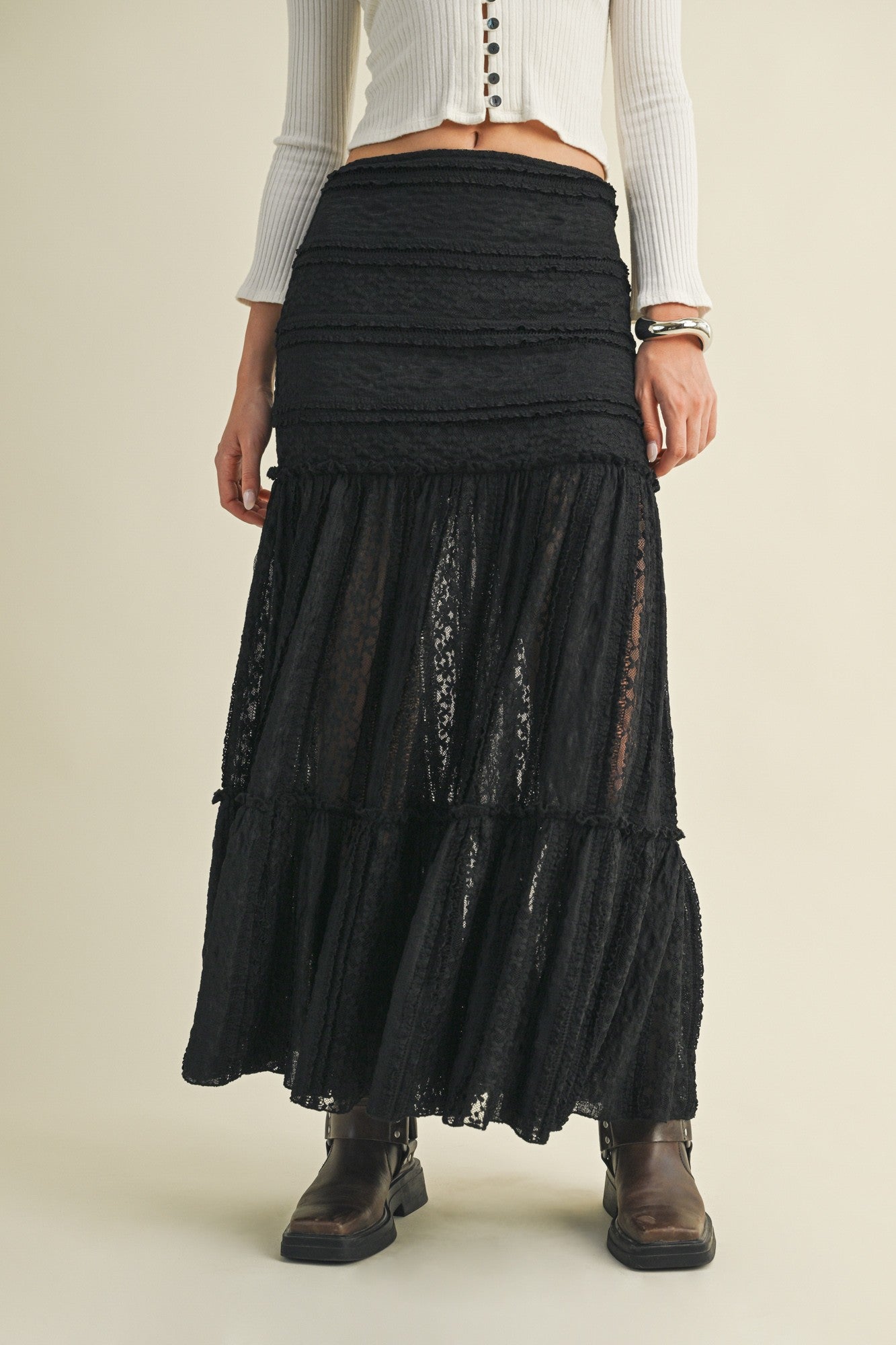  Olivia Lace Ruffle Detailed Maxi Skirt, Black