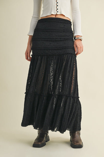  Olivia Lace Ruffle Detailed Maxi Skirt, Black