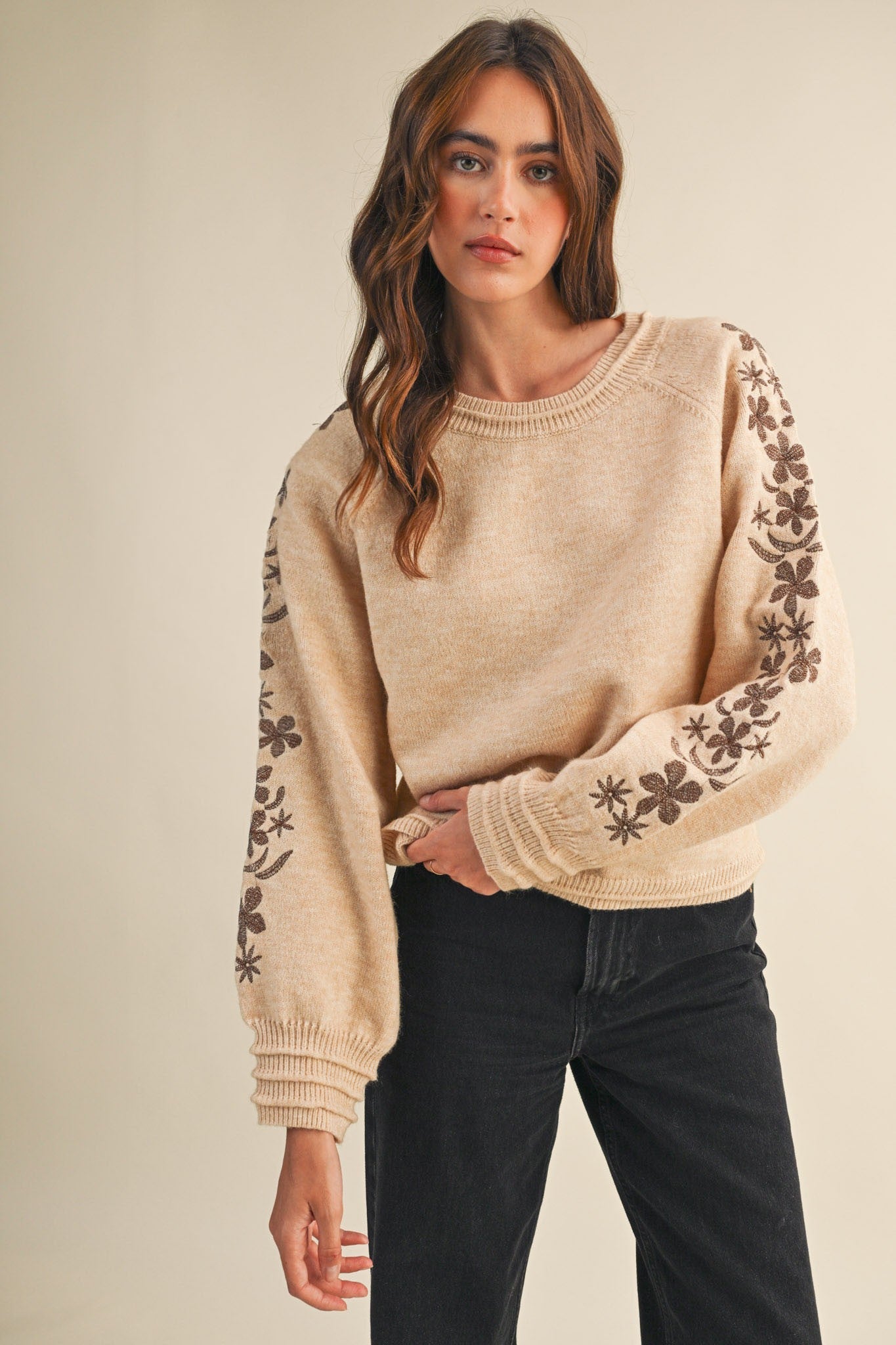  Angie Floral Embroidered Sweater, Oatmeal Brown