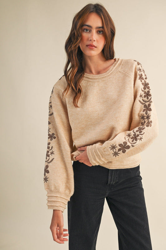 Angie Floral Embroidered Sweater, Oatmeal Brown