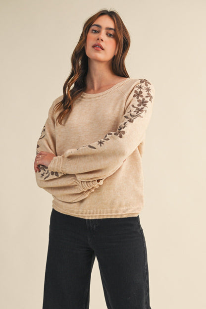  Angie Floral Embroidered Sweater, Oatmeal Brown