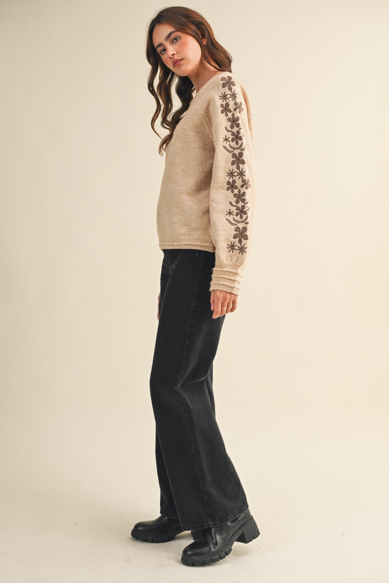  Angie Floral Embroidered Sweater, Oatmeal Brown