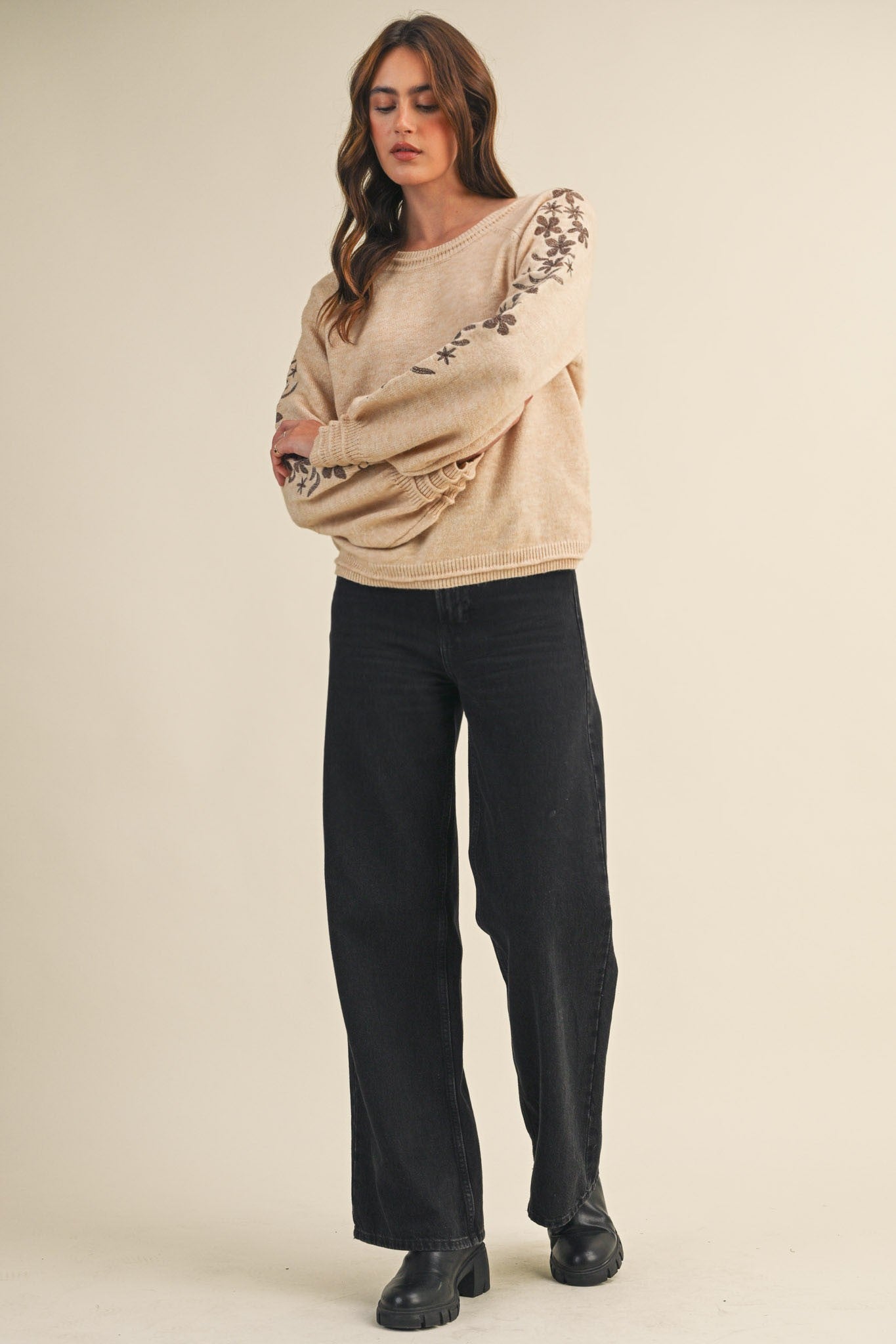  Angie Floral Embroidered Sweater, Oatmeal Brown