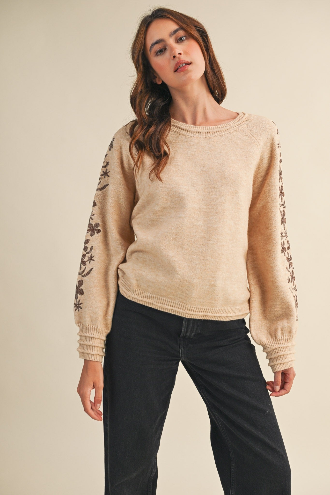  Angie Floral Embroidered Sweater, Oatmeal Brown