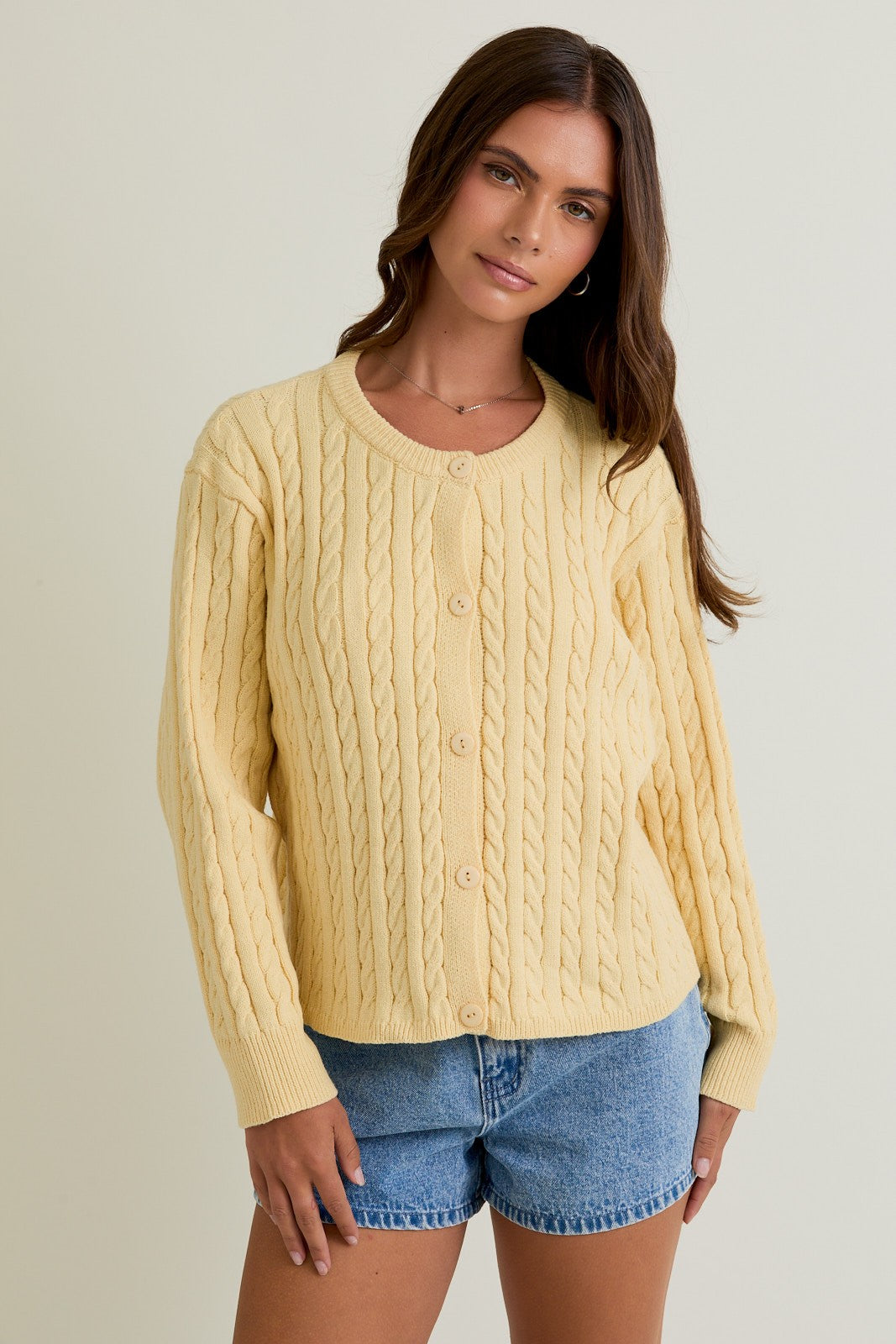  Josephine Cable Knit Boxy Cardigan, Butter