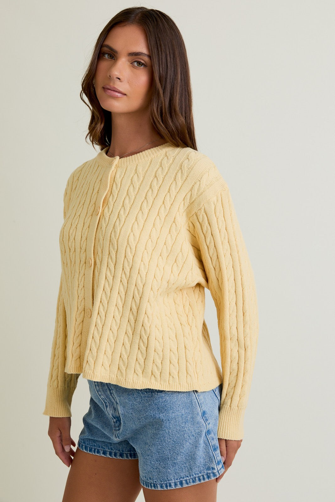 Josephine Cable Knit Boxy Cardigan, Butter