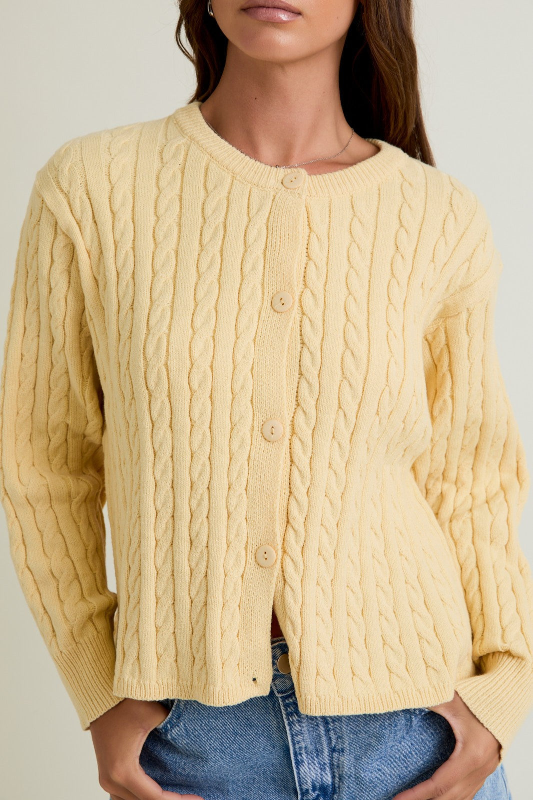  Josephine Cable Knit Boxy Cardigan, Butter