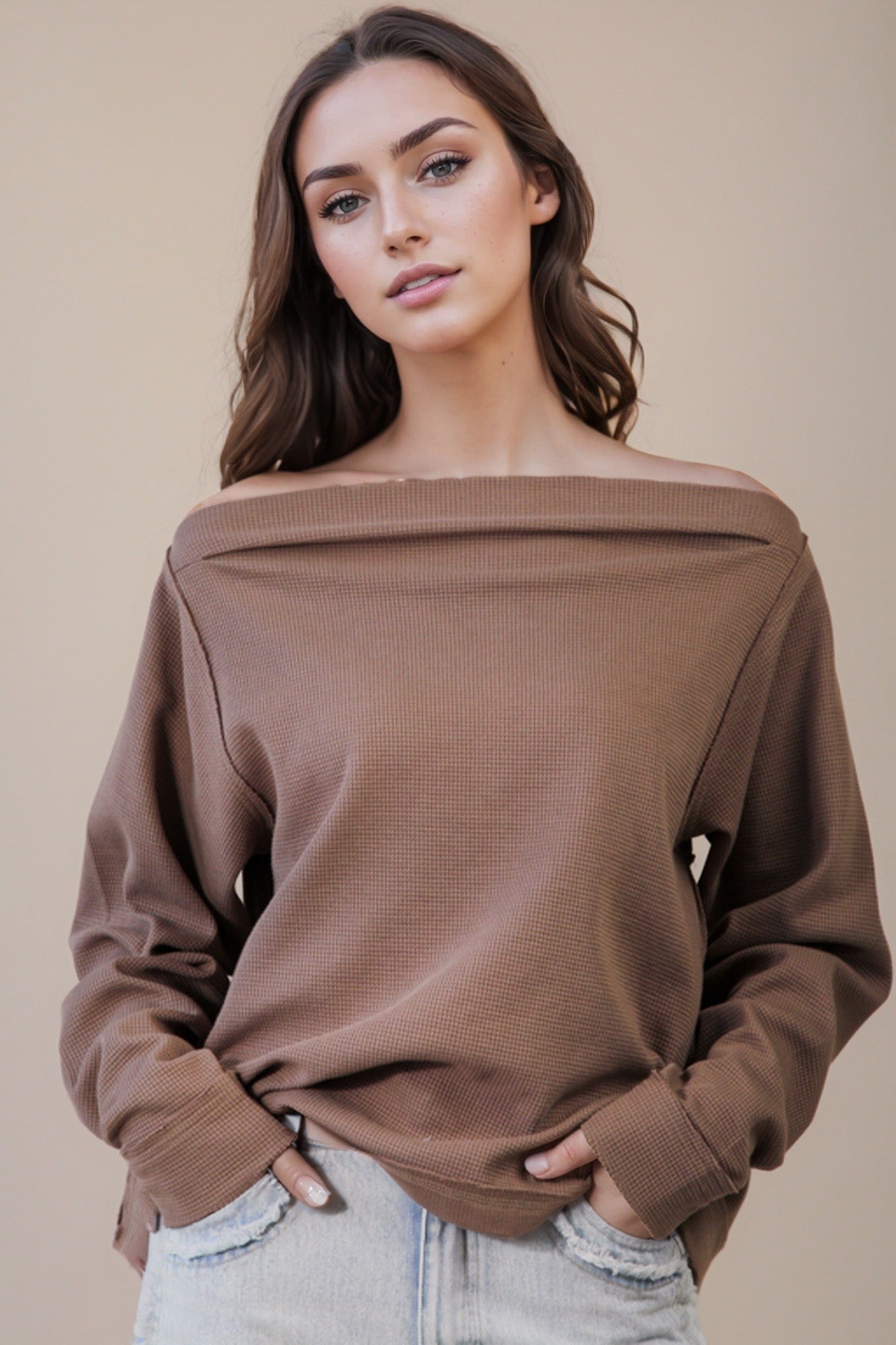  Candace Off The Shoulder Knit Top, Mocha