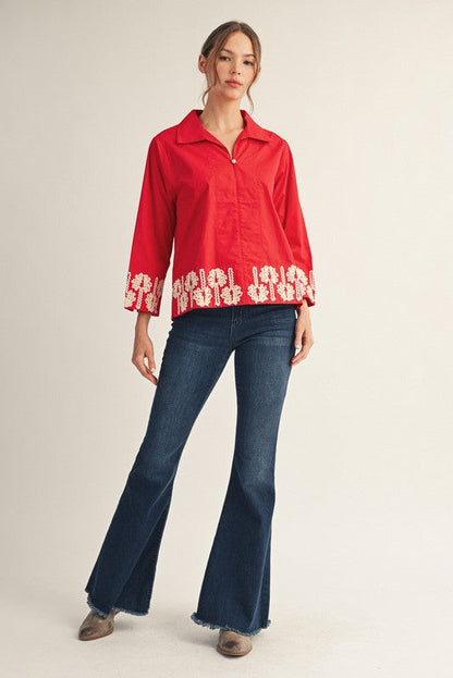  Katie 3D Floral Trim Accent Top, Red
