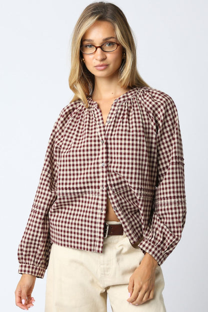  Emilia Checkered Shirt, Burgundy Taupe
