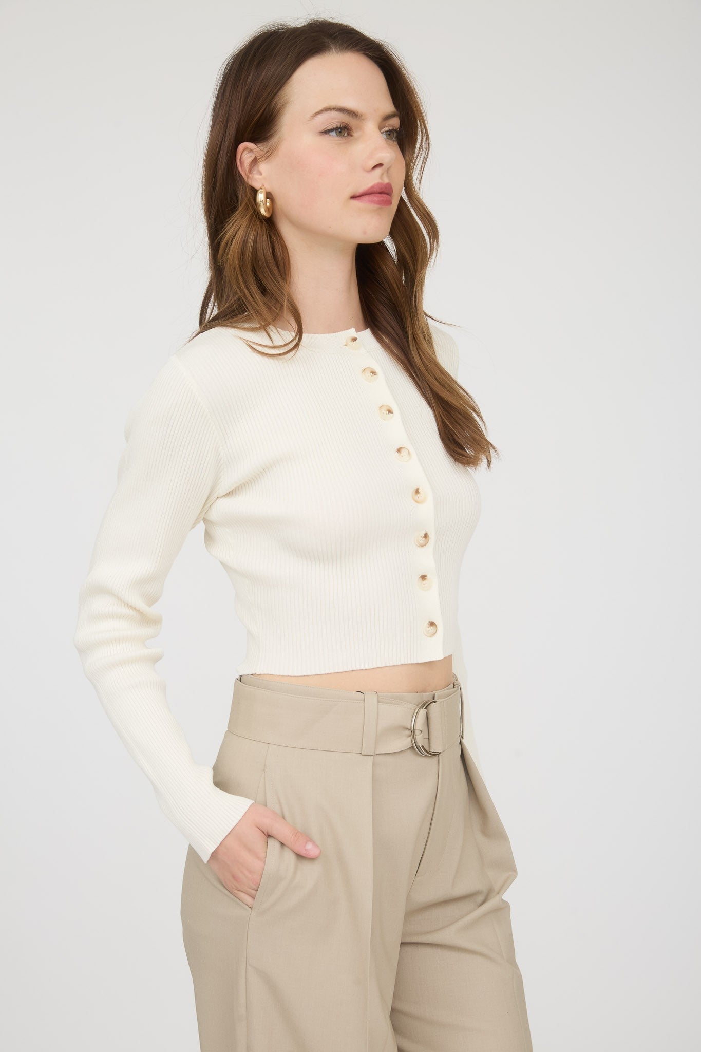  Josie Rib Knit Cropped Cardigan, Cream
