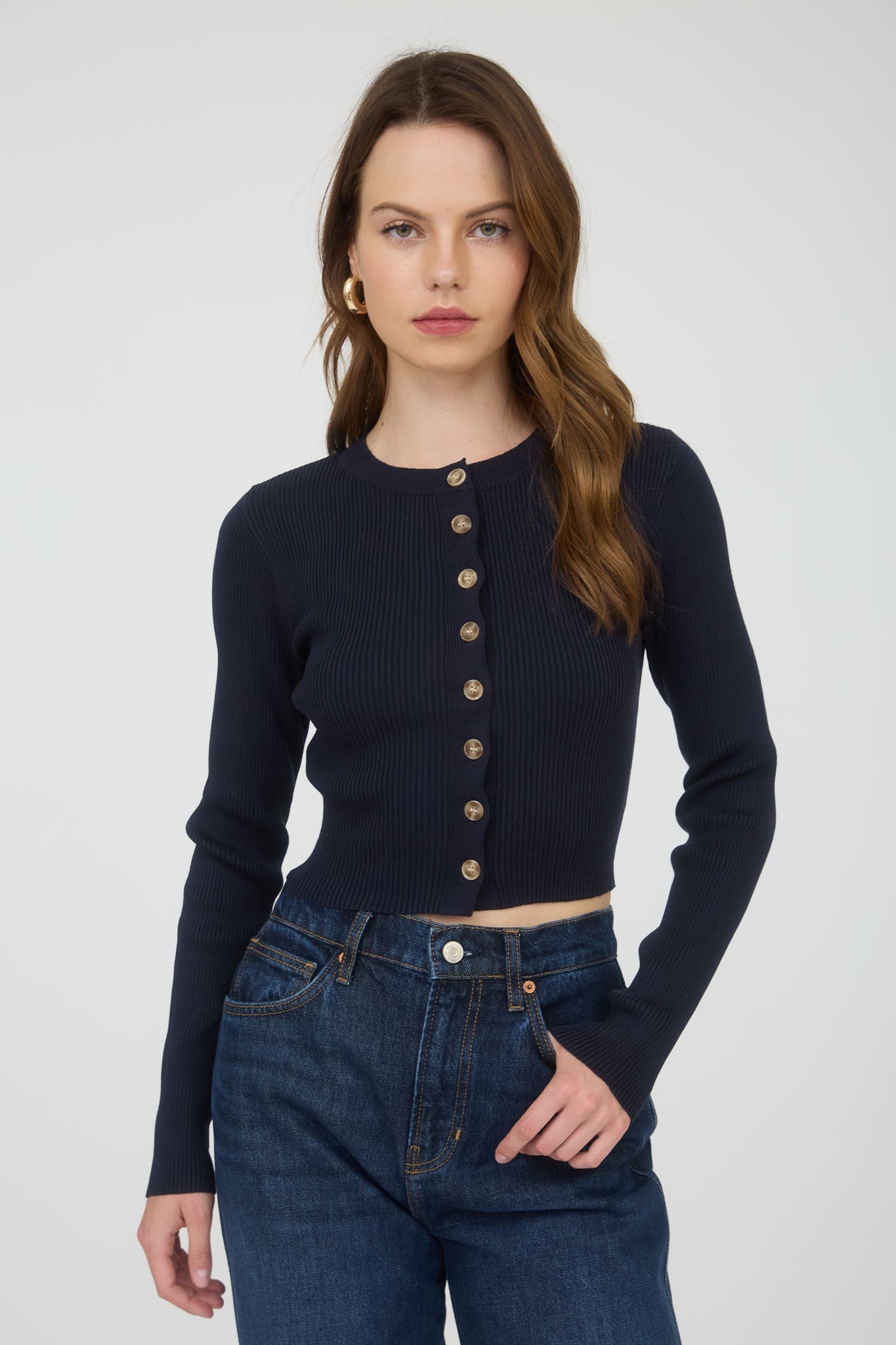 Josie Rib Knit Cropped Cardigan, Navy