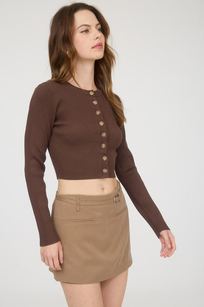  Josie Rib Knit Cropped Cardigan, Brown