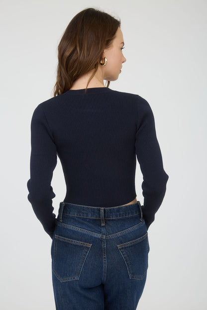  Josie Rib Knit Cropped Cardigan, Navy