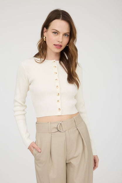  Josie Rib Knit Cropped Cardigan, Cream