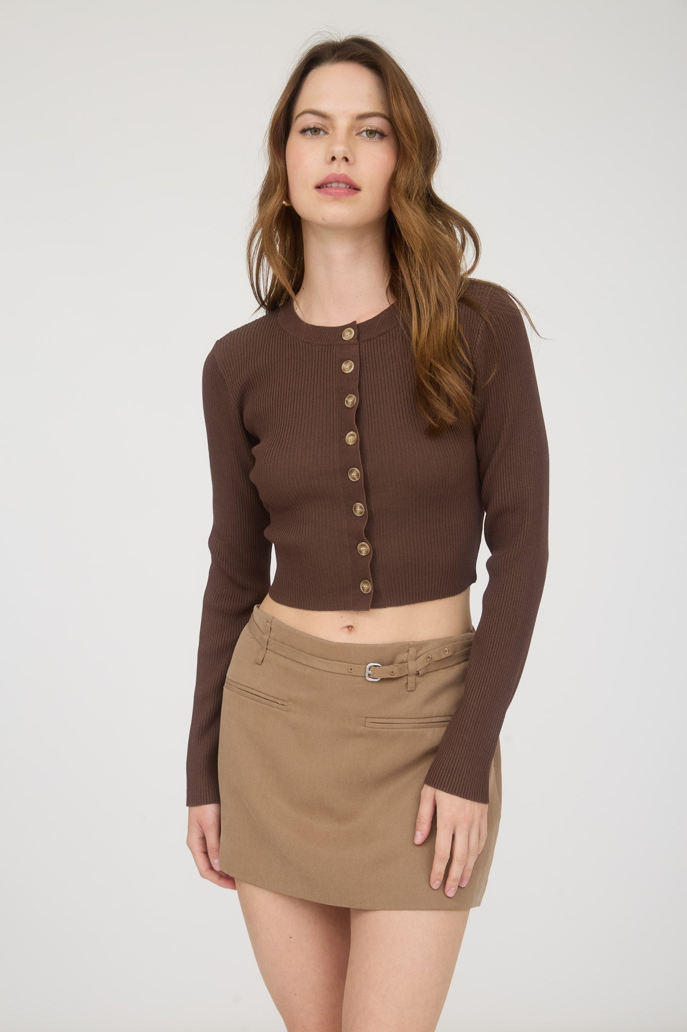  Josie Rib Knit Cropped Cardigan, Brown